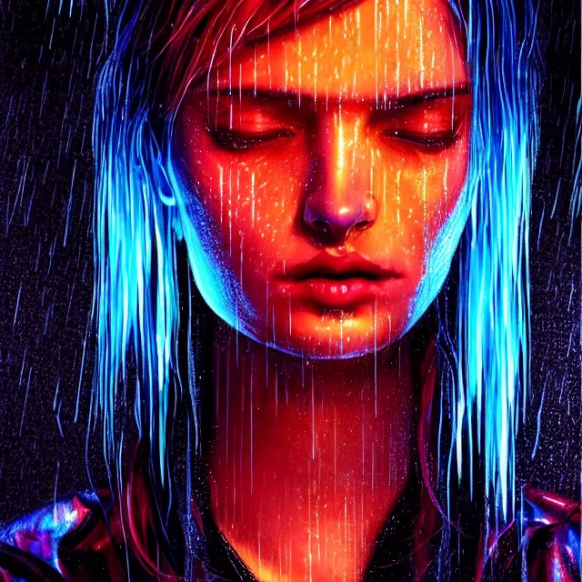 Image similar to bright asthetic portrait LSD glowing backlit rain on face and wet hair, cyberpunk, overhead lighting, fantasy, intricate, elegant, dramatic lighting, highly detailed, lifelike, photorealistic, digital painting, artstation, illustration, concept art, smooth, sharp focus, art by John Collier and Albert Aublet and Krenz Cushart and Artem Demura and Alphonse Mucha