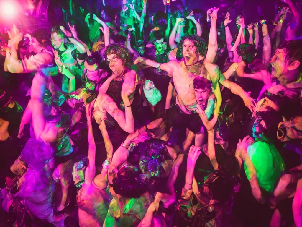 Image similar to oscar wilde dancing at a gay club in the 2 1 st century, color, photography, 8 k, highly detailed, rave, lighting, cmyk, instagram