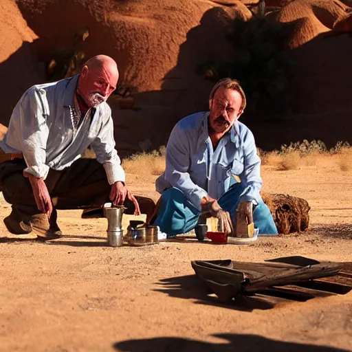 Image similar to walt and jessie cooking meth in the desert,