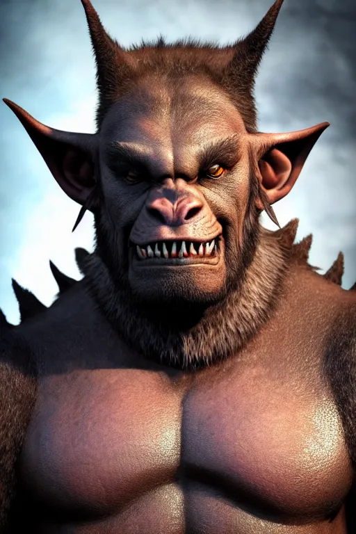 Image similar to A full body shot of a handsome orc looking into the camera wearing a leather fur jacket, full body shot, detailed face, orc, portrait, artstation, realistic, highly detailed, symmetrical, D&D, Dungeons & Dragons, hyper realistic, dynamic pose, high detail, octane render, unreal engine, 8k, fantasy art, highly detailed, dramatic lighting, concept art