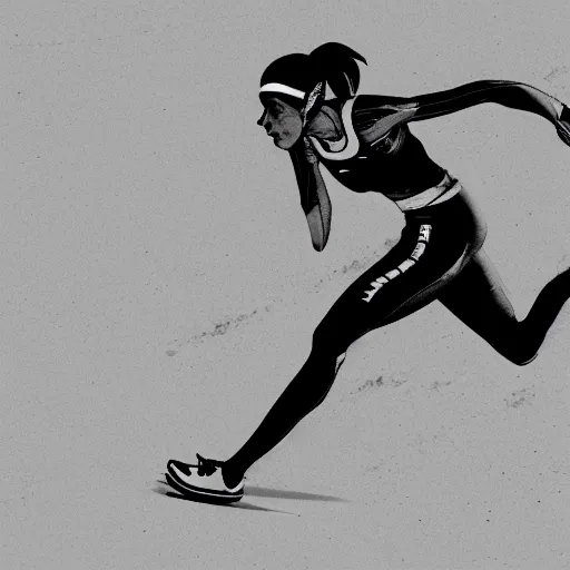 Prompt: Female athlete sprinter in a race with mechanical legs, cinematic stillframe, diesel punk, art deco stadium, artstation, contrasty, Studio Ghibli