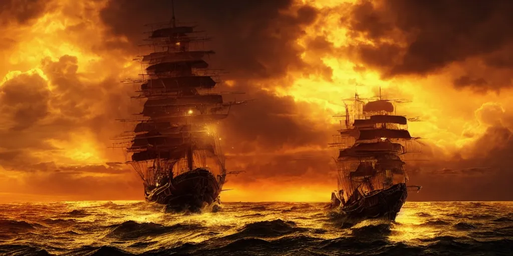 Prompt: close portrait of a ship on the sea, over the shoulder on the ship is a medieval woman ship pilot from behind, dramatic golden neon sunset with wall of storm clouds, wearing shiny breastplate, dynamic lighting, hyperrealistic, hd 4 k, artstation