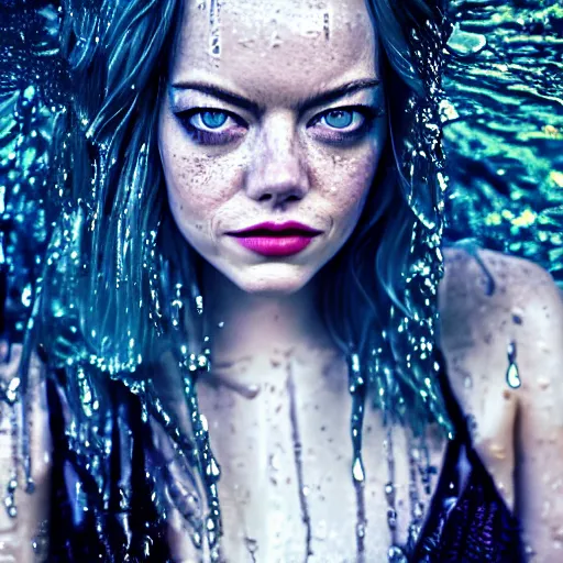 Prompt: Emma Stone as a mermaid, grungy, unkept hair, glowing eyes, modelsociety, wet from rain, radiant skin, huge anime eyes, bright on black, dramatic, studio lighting, perfect face, intricate, Sony a7R IV, symmetric balance, polarizing filter, Photolab, Lightroom, 4K, Dolby Vision, Photography Award