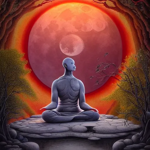 Image similar to an anthromorphic wolf shaolin monk character meditating in a zen garden with a waterfall under the blood moon, by Adi granov and afarin sajedi and amanda sage and evgeni gordiets and Agostino Arrivabene and adonna khare in a psychedelic portrait style, ultrarealistic matte painting, volumetric lighting, fractal, extremely symmetrical, highly detailed face, orisha, 8k, hd