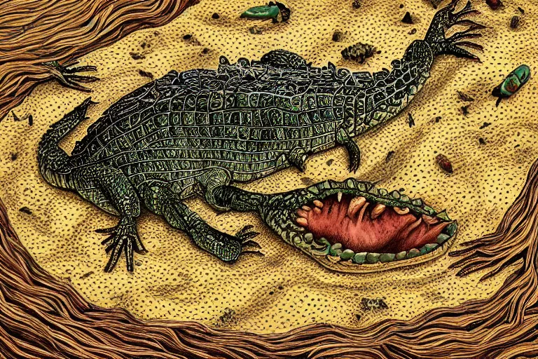 Image similar to a human alligator woman crocodile egg image from codex seraphinianus art by Luigi Serafini, highly detailed, digital painting, cinematic, hyper realism, dark retrowave