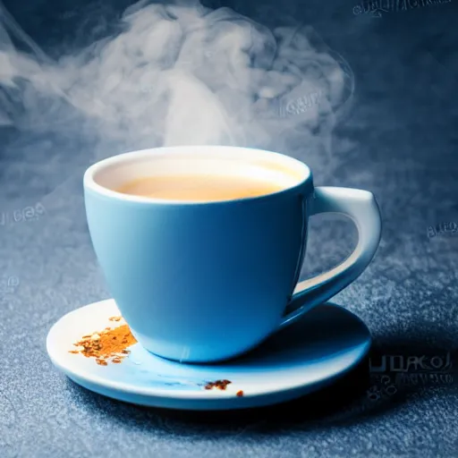 Prompt: stock photo of cup of coffee, artistic styling, blue tint, steam rising from the cup, very detailed and realistic