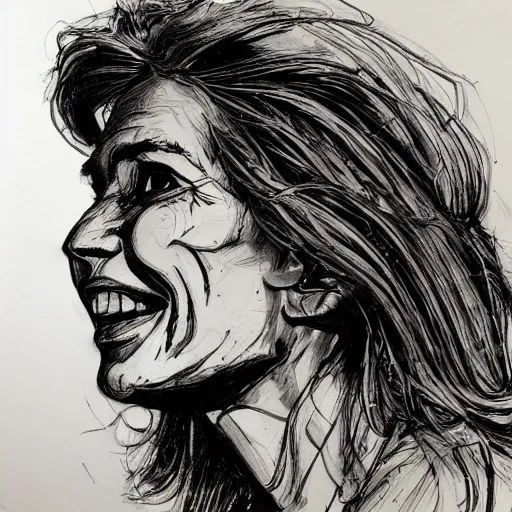 Prompt: a realistic yet scraggly portrait sketch of the side profile of a happy cindy crawford, trending on artstation, intricate details, in the style of frank auerbach, in the style of sergio aragones, in the style of martin ansin, in the style of david aja, in the style of mattias adolfsson