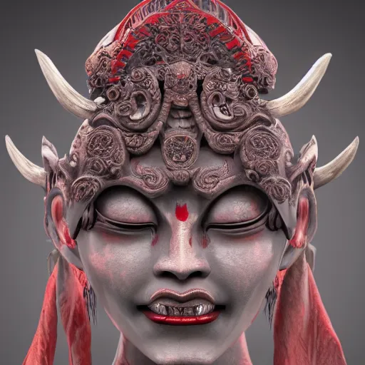 Image similar to naraka buddhist demon korean female, highly detailed, symmetrical long head, red blood eyes, smooth marble surfaces, detailed ink illustration, raiden metal gear, cinematic smooth stone, deep aesthetic, concept art, post process, 4 k, carved marble texture and silk cloth, latex skin, highly ornate intricate details, in the style of 8 8 grzes