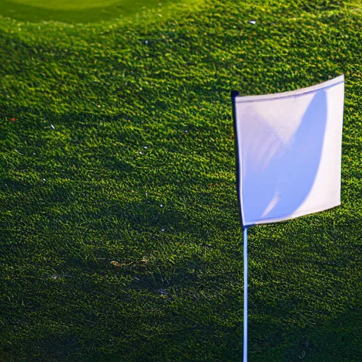 Prompt: low angle view from the bottom of a golf hole a golf flag waves in the wind, sunny day, photograph, 8K, 4K