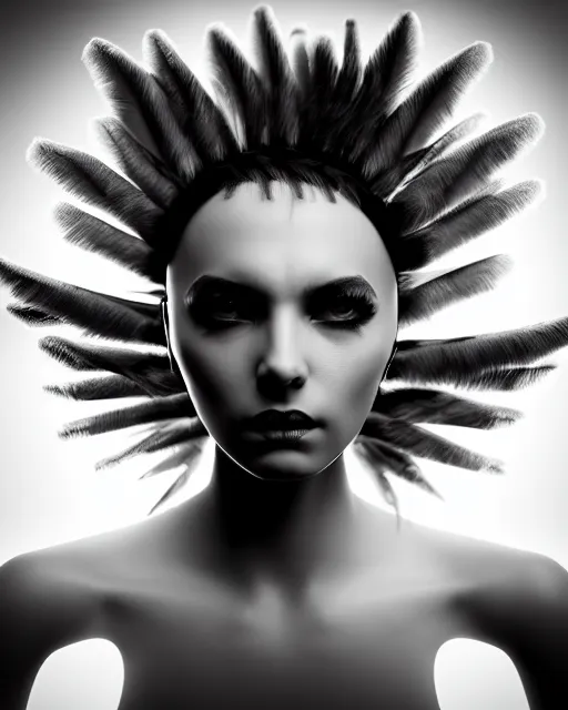 Image similar to surreal mythical dreamy dark artistic black and white fine art 3 / 4 portrait photo of a young delicate female mutant - cyborg with long pale feathers, rim light, cinematic, studio dramatic light, poetic, octane render, 8 k, photo - realistic