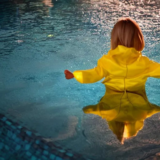 Image similar to a close-up photograph of a pool of water with a reflection of a girl in a yellow raincoat