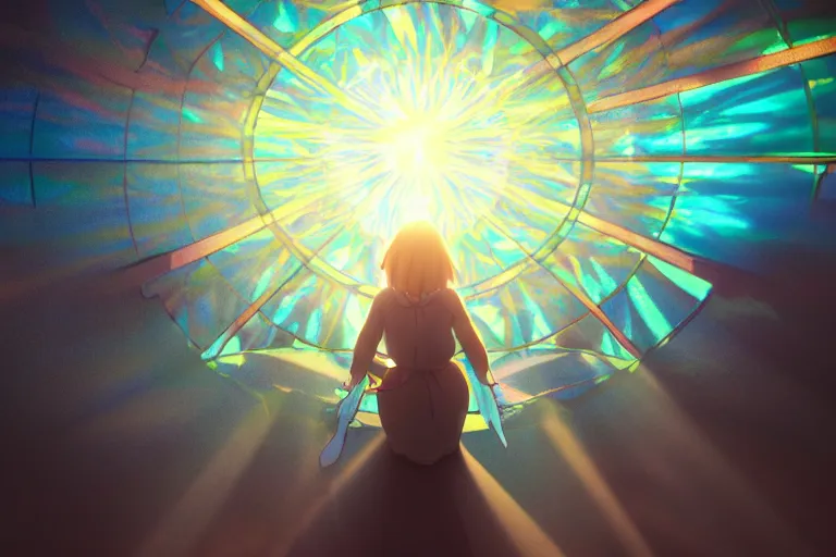 Prompt: Rays of light pass through a stained glass window in the shape of an anime girl, looking up from the bottom, volumetric light, ray tracing, dust and particles, 8k, octane render, interior design, anime temple, artstation trends, colourfulness