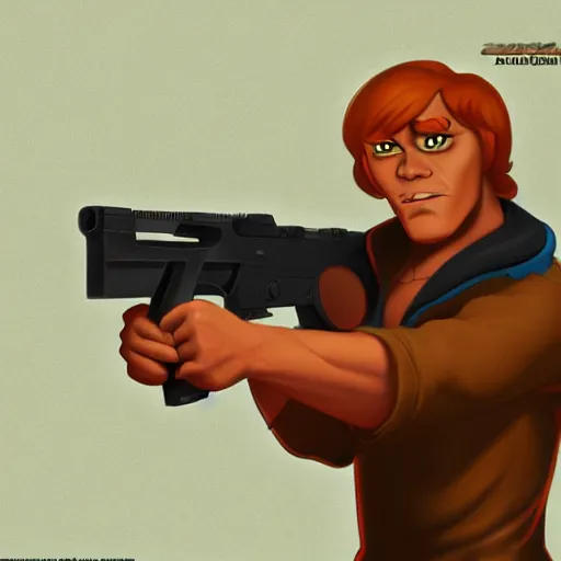 Prompt: scooby doo holding a gun, highly detailed portrait, digital painting, artstation, concept art, smooth, sharp foccus ilustration, Artstation HQ