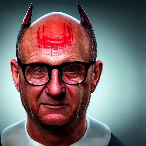 Image similar to avram glazer as the devil reincarnate, owner of manchester united football club, portrait, pure evil, devils horns, avram glazer, satan, hell, 8 k, hyperrealism, symmetry, cinematic lighting - w 1 0 2 4