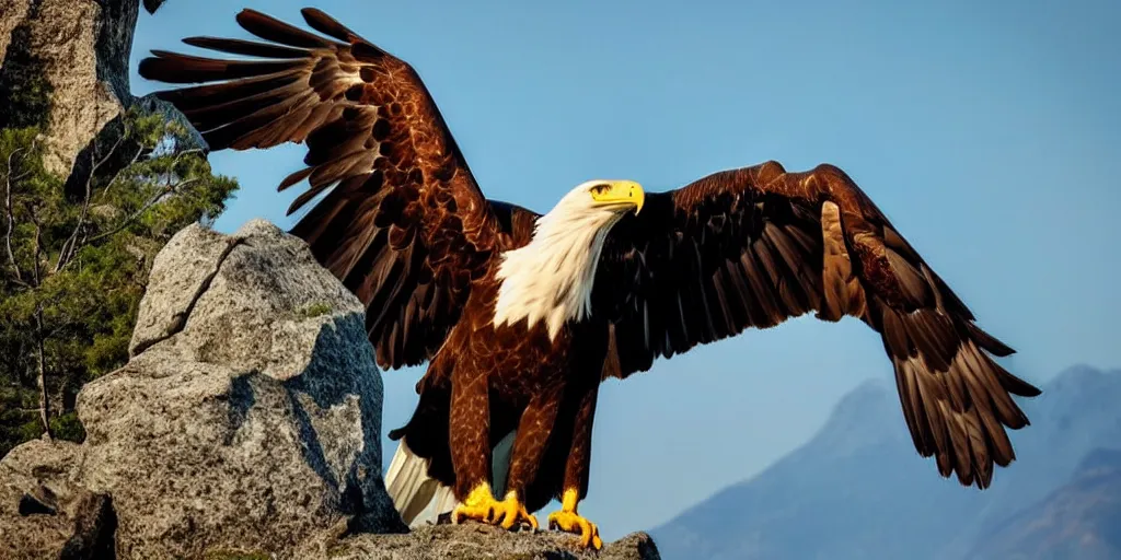 Image similar to a majestic eagle made of stone, spreading it's wings wide and calling to the sky, hazy sky, mountain background, tree line, stylish, beautiful, epic