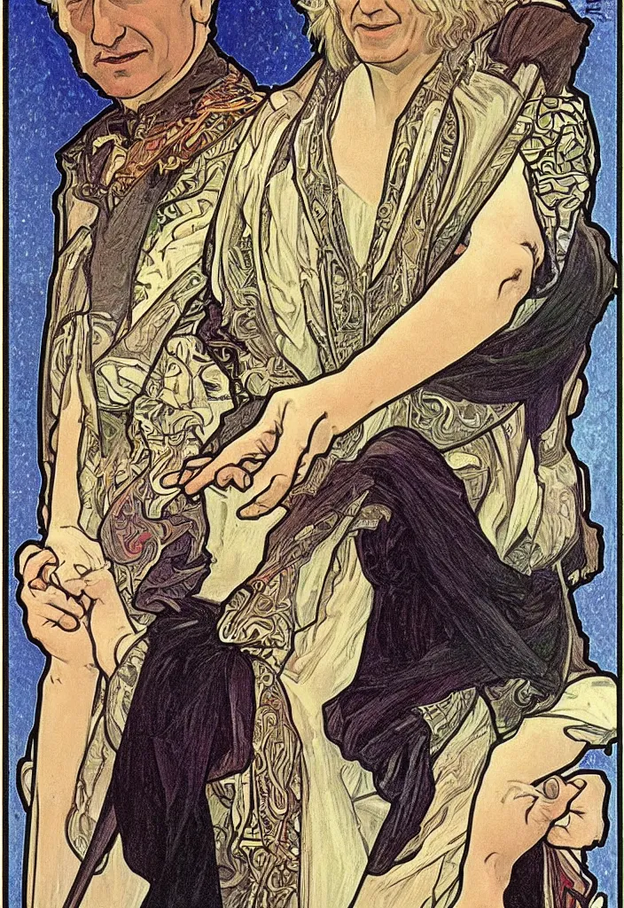 Image similar to realistic white - haired geoffrey hinton on a tarot card, tarot in art style by alphonse mucha