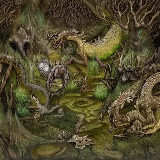 Image similar to A dragons hoard overgrown by nature,