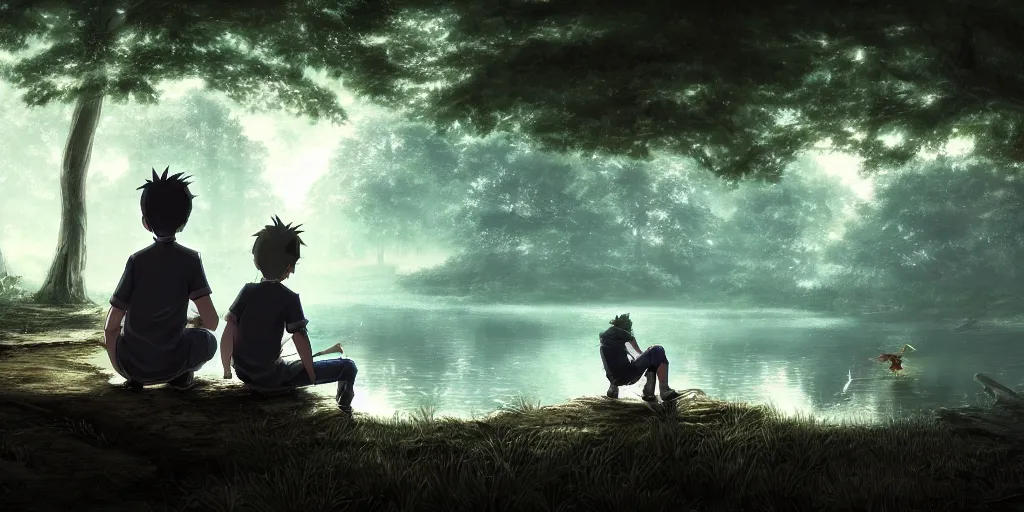 Image similar to a silver dragon and a boy sitting next to lake in forest, many fireflys, at night, concept art, dof, cryengine, digital art, detailed background, makoto shinkai