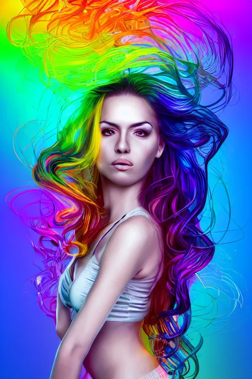 Image similar to a award winning half body portrait of a beautiful woman with stunning eyes in a croptop and cargo pants with rainbow colored ombre hairstyle head in motion and hair flying by thomas danthony, surrounded by whirling illuminated liquids and lines, outrun, vaporware, shaded flat illustration, digital art, trending on artstation, highly detailed, fine detail, intricate