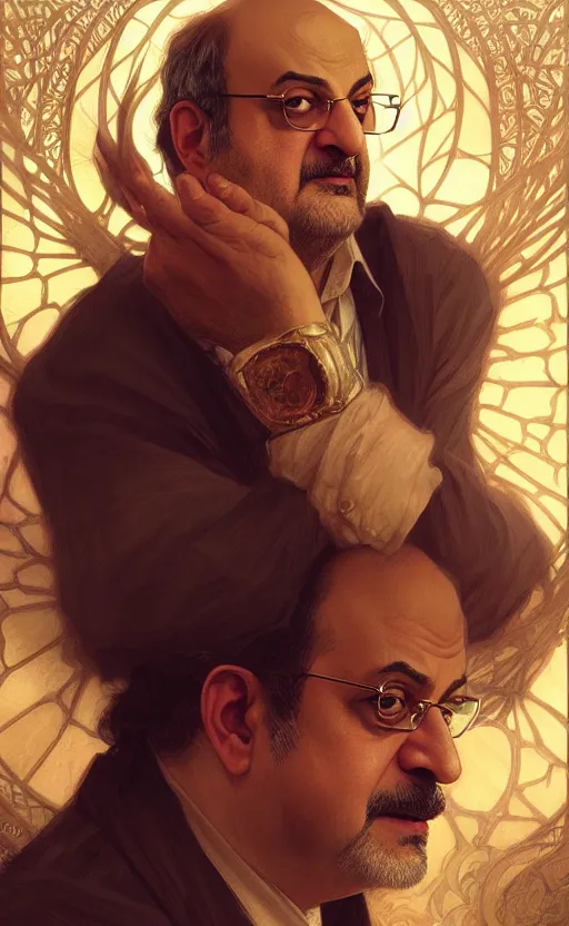 Image similar to portrait of salman rushdie, deep focus, d & d, fantasy, intricate, elegant, highly detailed, digital painting, artstation, concept art, matte, sharp focus, illustration, art by artgerm and greg rutkowski and alphonse mucha