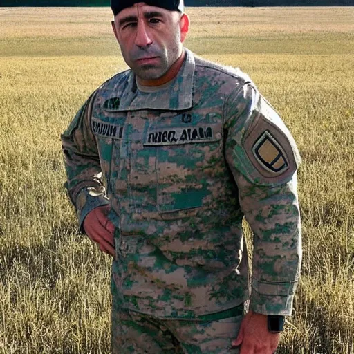 Image similar to “Joe Rogan standing in the middle of a field wearing the US Army uniform with a grumpy look on his face”