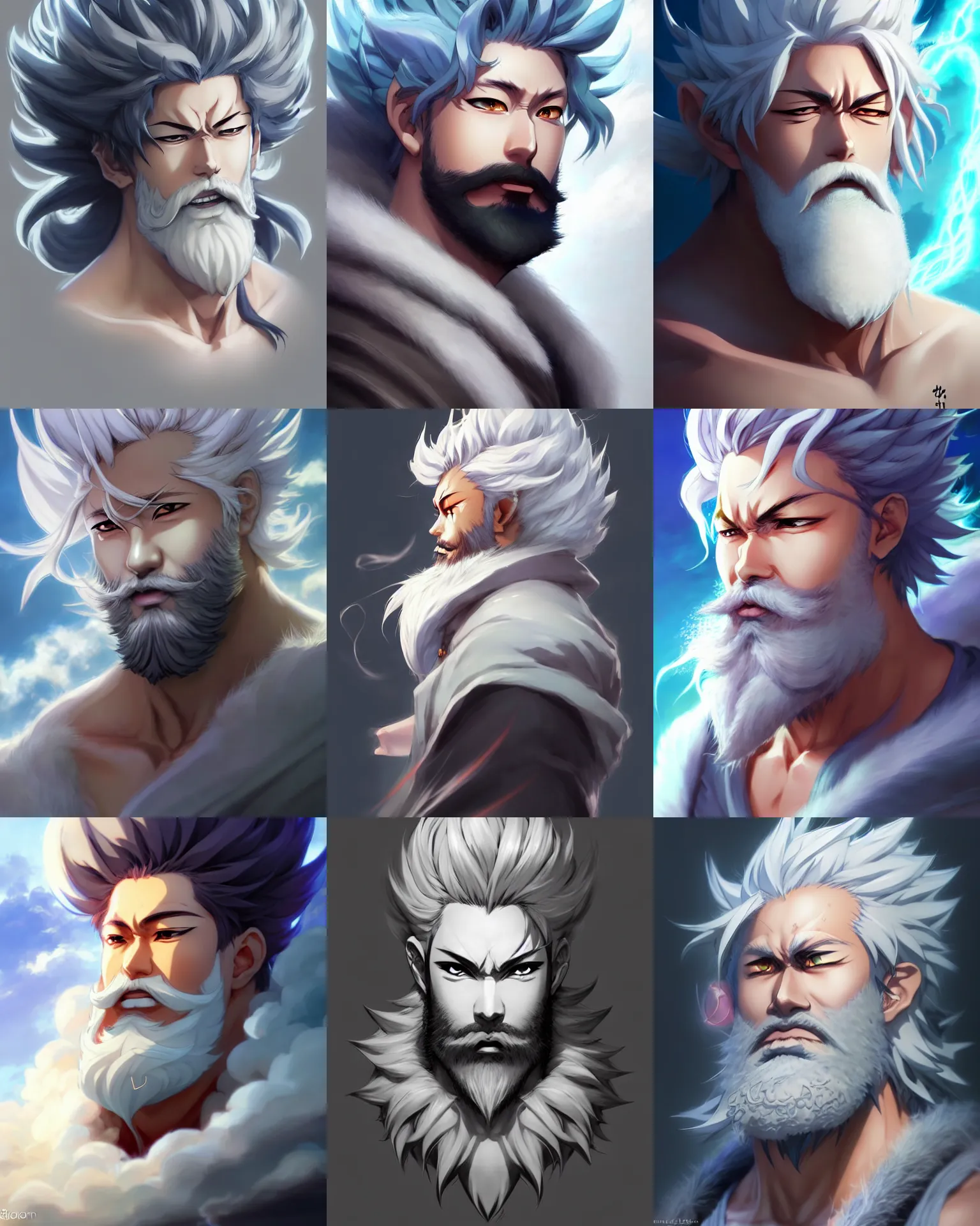 Prompt: character concept art of an anime stormy cloud god with beard | | fine - face, realistic shaded perfect face, fine details by stanley artgerm lau, wlop, rossdraws, james jean, andrei riabovitchev, marc simonetti, and sakimichan, seoul, south korea, trending on artstation
