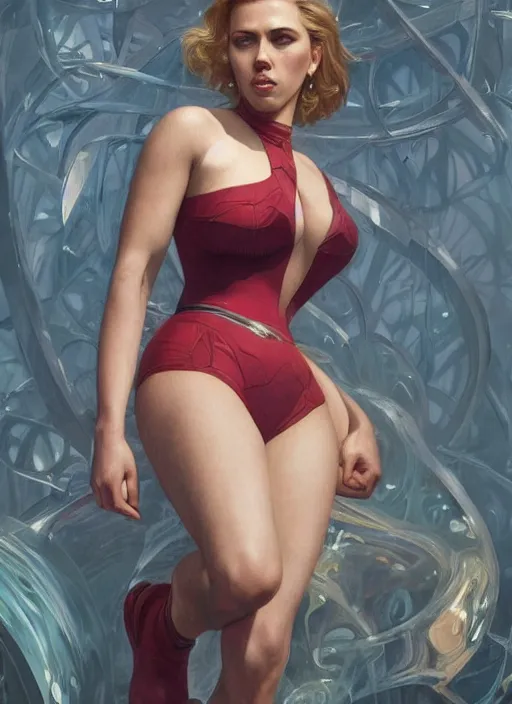 Image similar to full length photo of scarlett johansson the cover of sports illustrated 1 9 6 5, intricate, elegant, highly detailed, digital painting, artstation, concept art, matte, sharp focus, illustration, hearthstone, art by artgerm and greg rutkowski and alphonse mucha