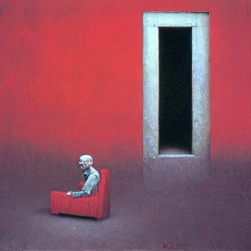 Prompt: older man sitting on a chair in dark basement with red walls and one window, painting by Beksiński,