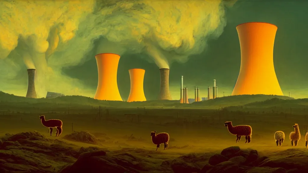 Image similar to A nuclear power plant in utopia by Simon Stålenhag and J.M.W. Turner, oil on canvas<photobomb>Alpaca</photobomb>; Nuclear Fallout, Art Direction by Adam Adamowicz; 4K, 8K Ultra-Realistic Depth Shading; Epic 4k dream drone shots