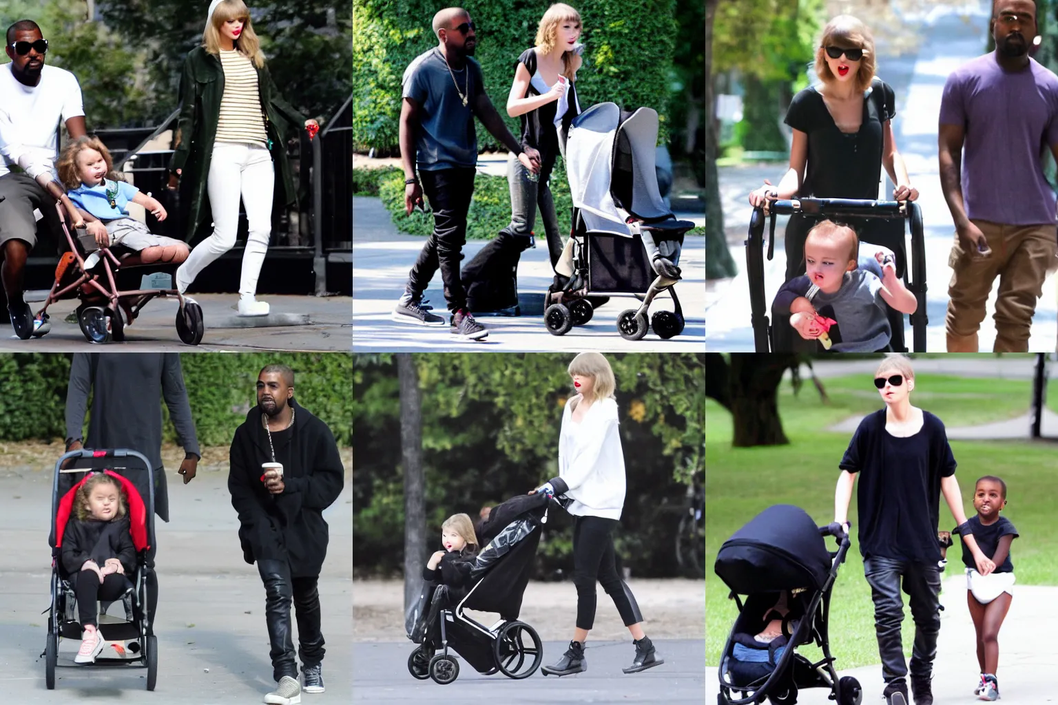 Prompt: Taylor Swift pushing Kanye West in a stroller, going for a walk in the park