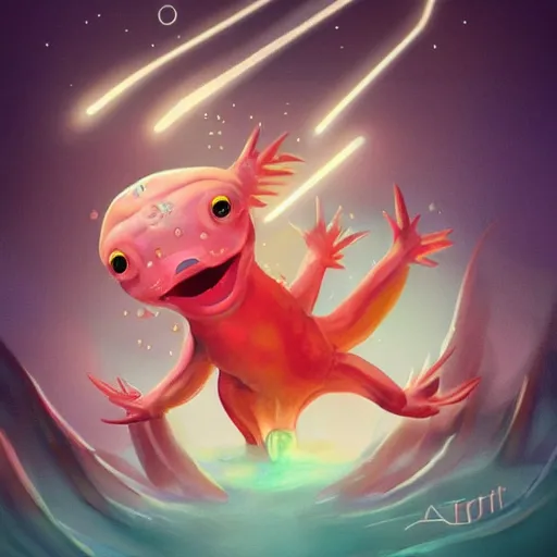 Image similar to an axolotl with an earring in the shape of a lightning bolt, digital art, trending on artstation