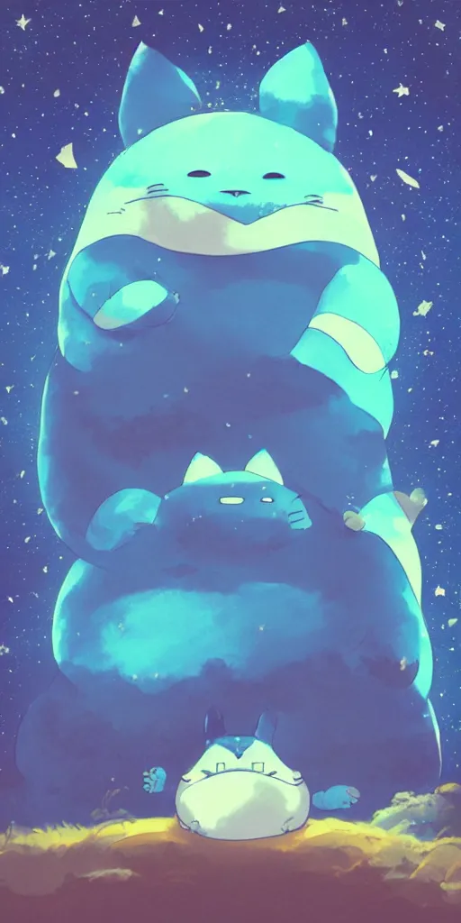 Image similar to giant glowing snorlax totoro, mountain landscape, night sky, digital art, digital painting, celestial, majestic, colorful