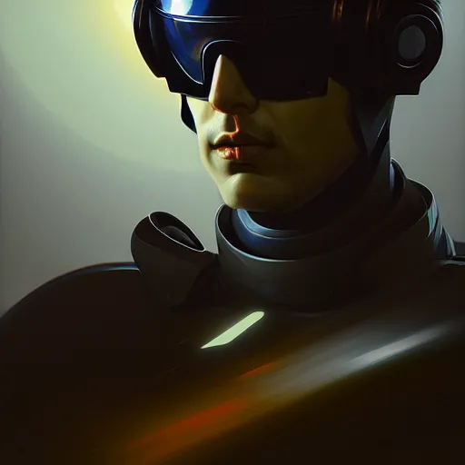 Prompt: a maciej kuciara art deco style male sci - fi pilot, oil on canvas, smooth, sharp focus, vibrant volumetric dark natural light, dark enlightenment, alchemy, albedo.