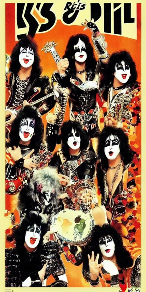 Prompt: Kiss style Rock and Roll poster, animals playing poker