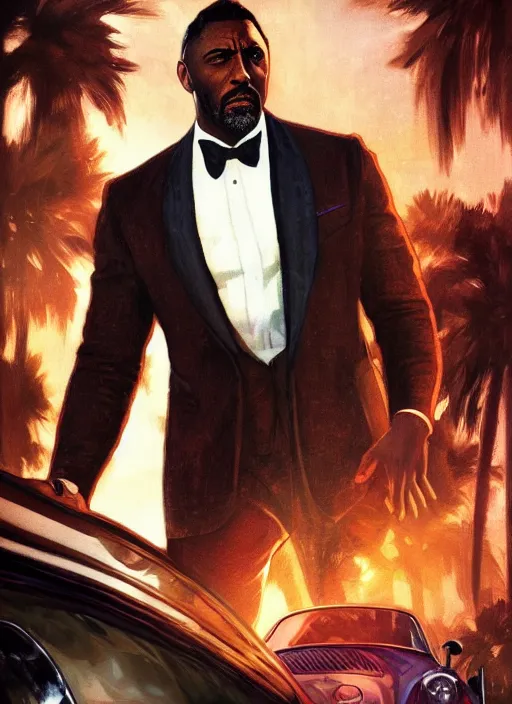 Image similar to portrait of idris elba as james bond, key art, palm trees, vintage aston martin, highly detailed, digital painting, artstation, concept art, cinematic lighting, sharp focus, illustration, by gaston bussiere alphonse mucha