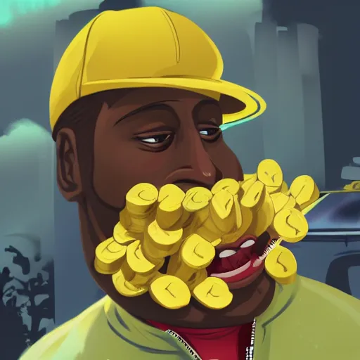 Image similar to angry gucci mane eating bananas in the hood, 8k resolution, full HD, cinematic lighting, award winning, anatomically correct