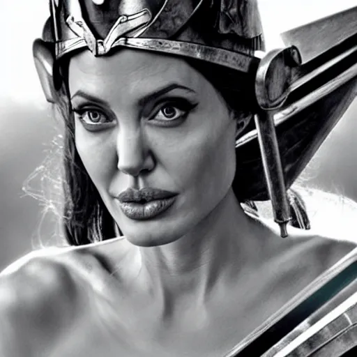 Prompt: angelina jolie as the greek goddess athena, fighting in battle, action scene, live action, dynamic