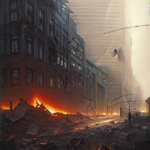 Image similar to city of munich destroyed by a meteor!!!, rubble!!, fires!! hyperrealistic, highly detailed, cinematic, foggy light from fires, beautiful, cgssociety, artstation, 8 k, oil painting by greg rutkowski, by artgerm, by wlop