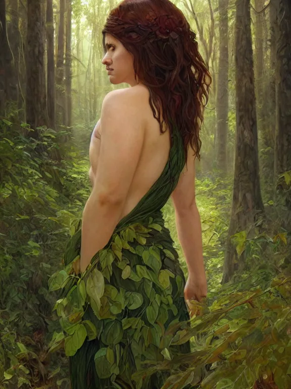 Prompt: portrait of a forest mage, looking from behind, glaring at the cfront, female, delicated facial features, dress made of green leaves, gorgeous, green hair, brown skin, curves, shapely derriere, forest background, highly detailed, digital painting, artgerm and greg rutkowski and alphonse mucha