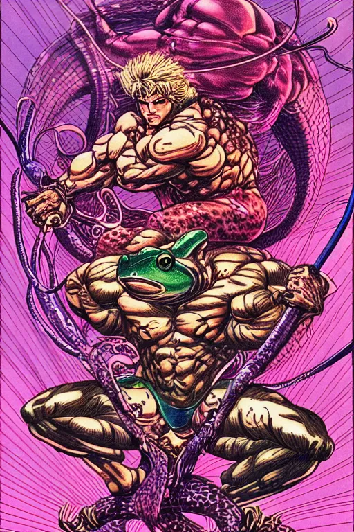 Image similar to illustration of a buff man riding a frog, lightning and static surges around him, intricate linework, in the style of moebius, ayami kojima, 1 9 9 0's anime, retro fantasy