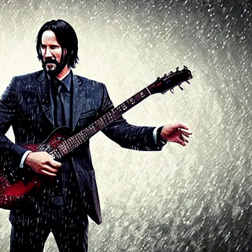 Image similar to john wick playing a guitar in the rain, photorealistic, realistic, dramatic, cinematic, photography