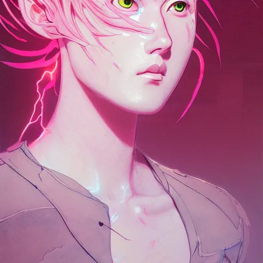 Image similar to prompt : pink lightning portrait soft light painted by james jean and katsuhiro otomo and erik jones, inspired by evangeleon anime, smooth face feature, intricate oil painting, high detail illustration, sharp high detail, manga and anime 1 9 9 9