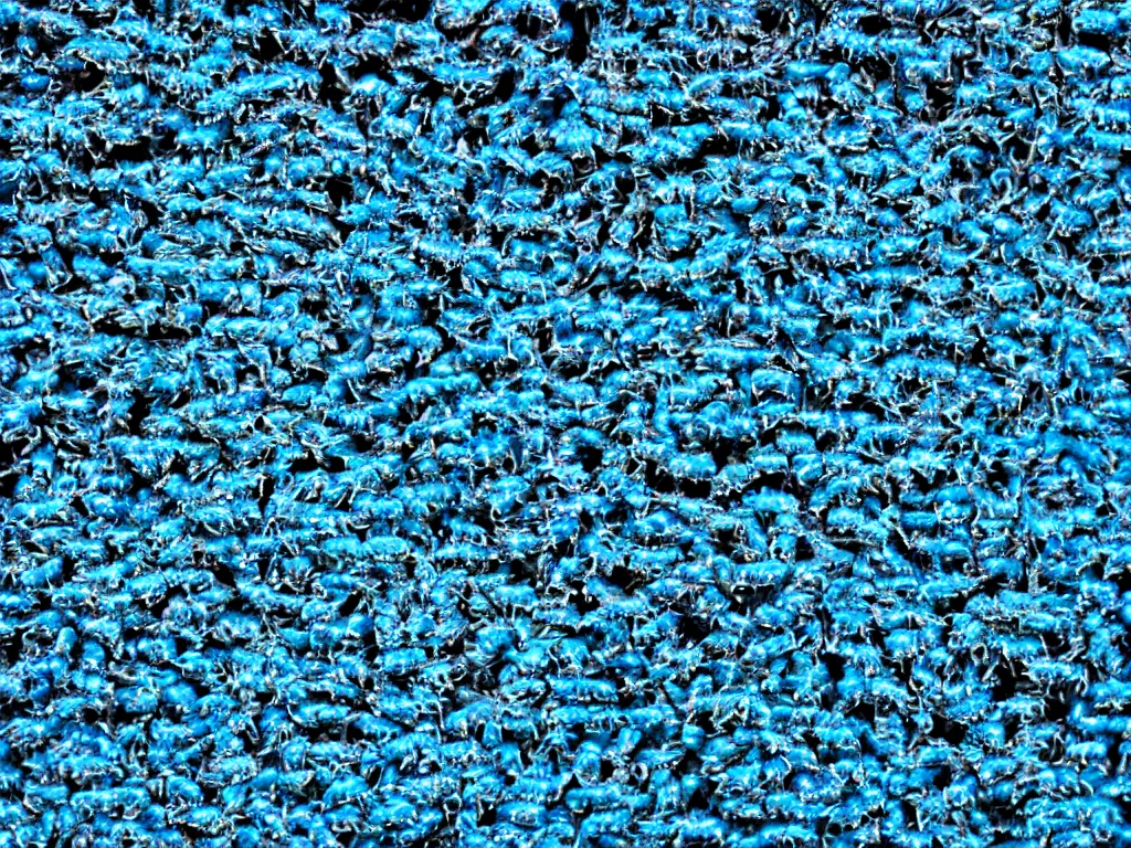 Prompt: a wall of shiny blue cold flesh being eaten by flies, close up