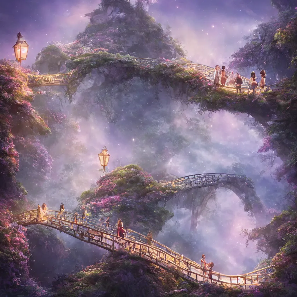 Image similar to fairyland bridge, outside of time and space, dreamy, romantic, night lighting, gorgeous lighting, well lit, backlit, dramatic cinematic lighting, intricate, highly detailed, in the style of studio ghibli, octane render, 8 k