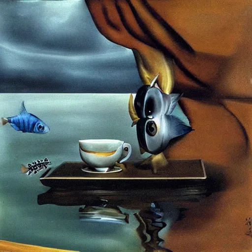 Image similar to a real fish is drinking from a cup of tea, photorealism, by salvador dali