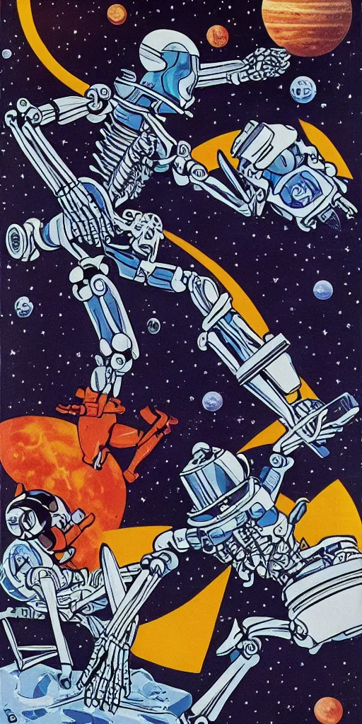 Prompt: retrofuturism, space ranger skeleton robot fighting aliens on the moon of Jupiter