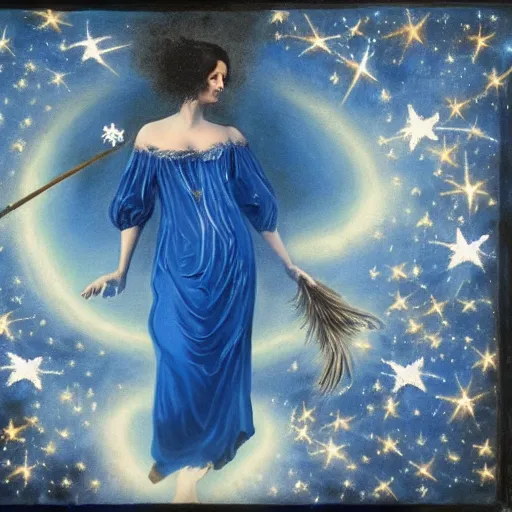 Image similar to The body art features a woman with wings made of stars, surrounded by a blue and white night sky. The woman is holding a staff in one hand, and a star in the other. She is wearing a billowing white dress, and her hair is blowing in the wind. Pride & Prejudice, papaya whip by Pamela Coleman Smith ordered, a e s t h e t i c