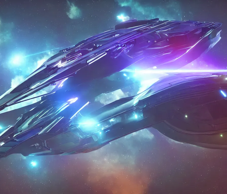 Image similar to A super futuristic spaceship cruising through the galaxy . Colourful lighting. 8k. Cinematic