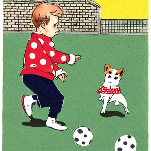 Image similar to book illustration of a french boy on the streets of paris playing football against a corgi, the dog is wearing a polka dot scarf, 1 9 6 6