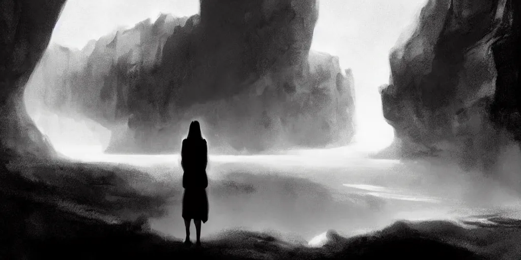 Prompt: epic portrait cinematic shot an female standing in a cave of an giant, cloudy, foggy, storm, night setting. realistic shaded lighting poster by craig mullism, radiant light digital art, trending on art station kvlt by peder balke by guido crepax by norman bluhm mystic high contrast monochromatic noir